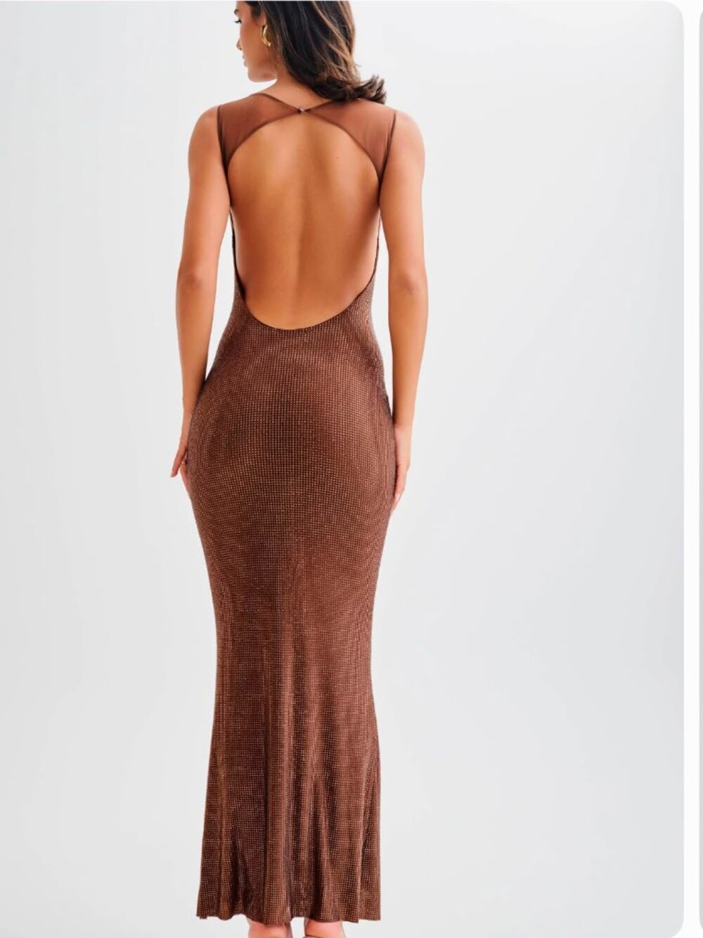 MESHKI JASMYN Hot Fix Mesh Back Maxi Dress Chocolate Brown Crystal Gown XL NWOT - Picture 3 of 5
